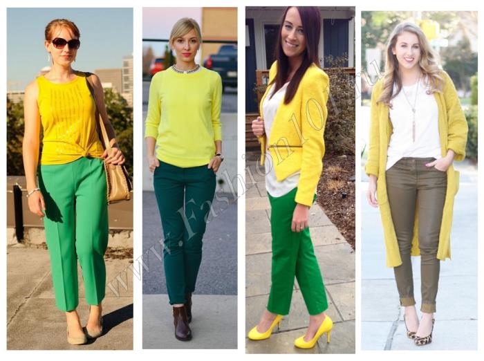Летние образы с зелеными брюками и желтой рубашкой