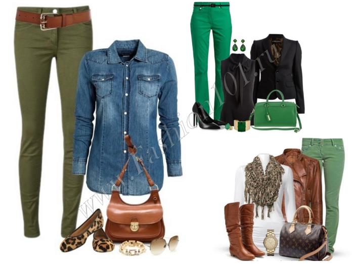 Бежевые и коричневые цвета прекрасно гармонируют с зелеными брюками.